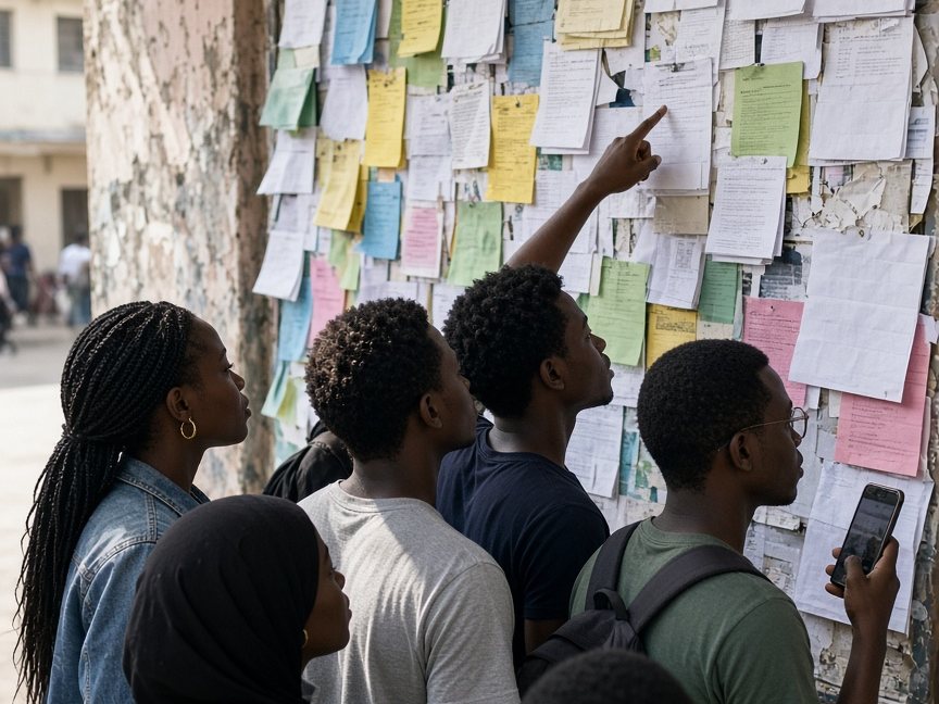 Students crowded around a university noticeboard reading pinned notices