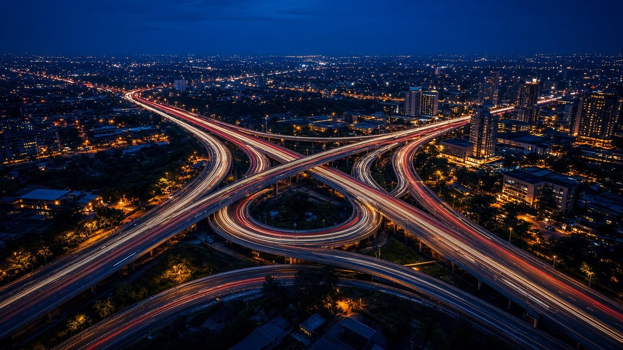 Aerial view of a city road interchange at dusk with many branching routes
