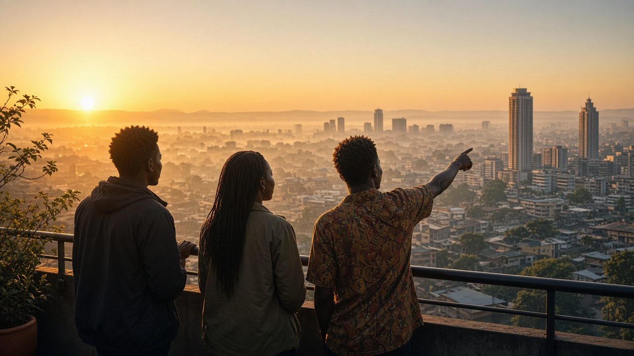 Three young Africans looking out over a city skyline at sunrise