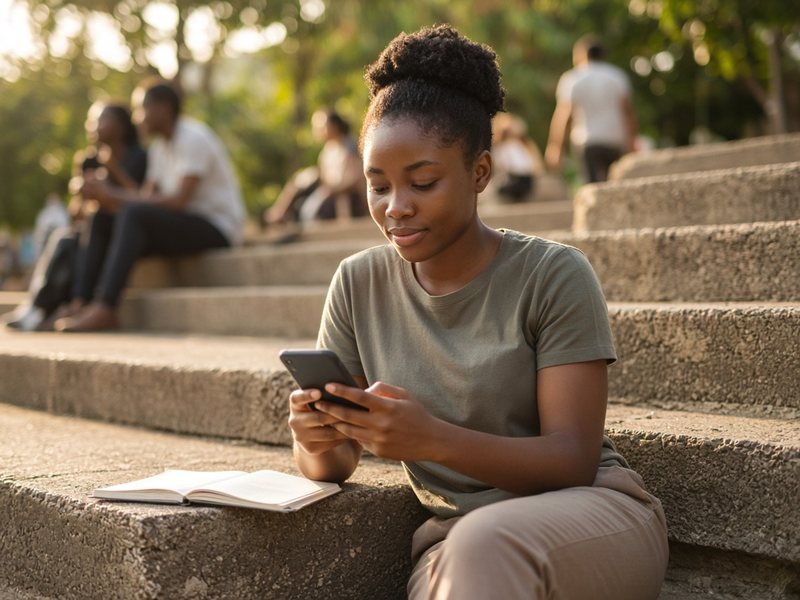 Student sitting on campus steps taking the career assessment on her phone