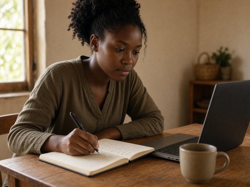 Student working through her plan in a notebook beside a laptop
