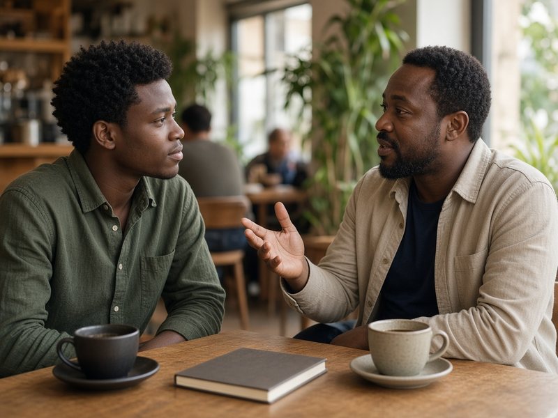 Student and mentor talking across a table in a café