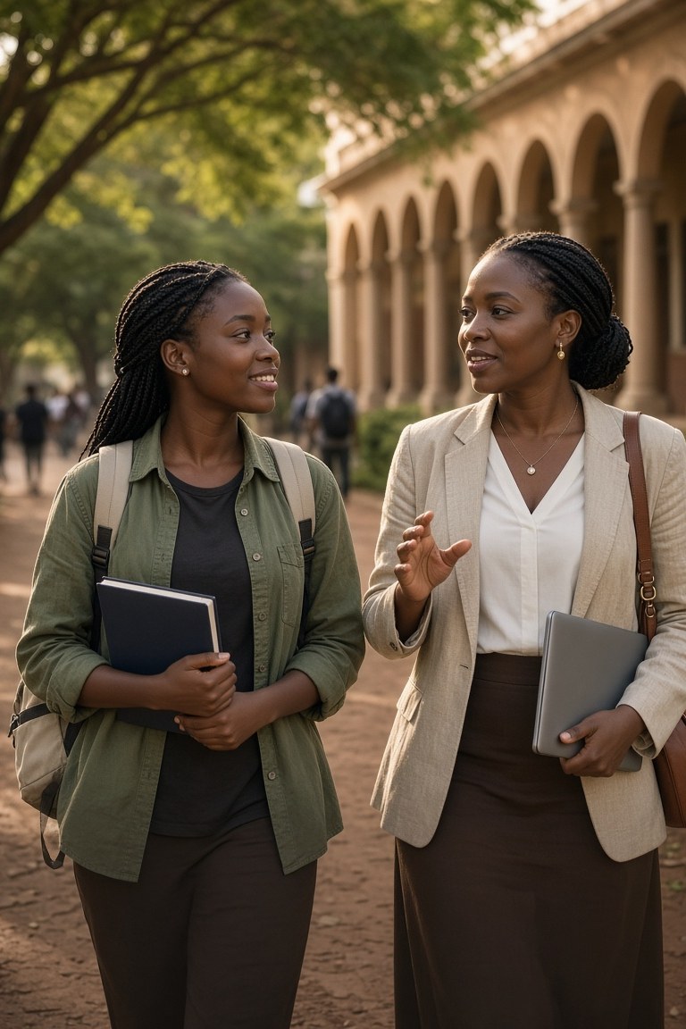 African university student walking and talking with her mentor on a campus path