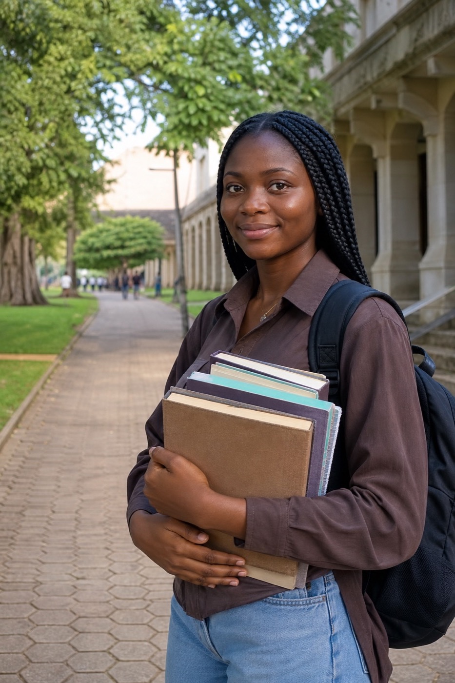 African university student holding books on a campus path
